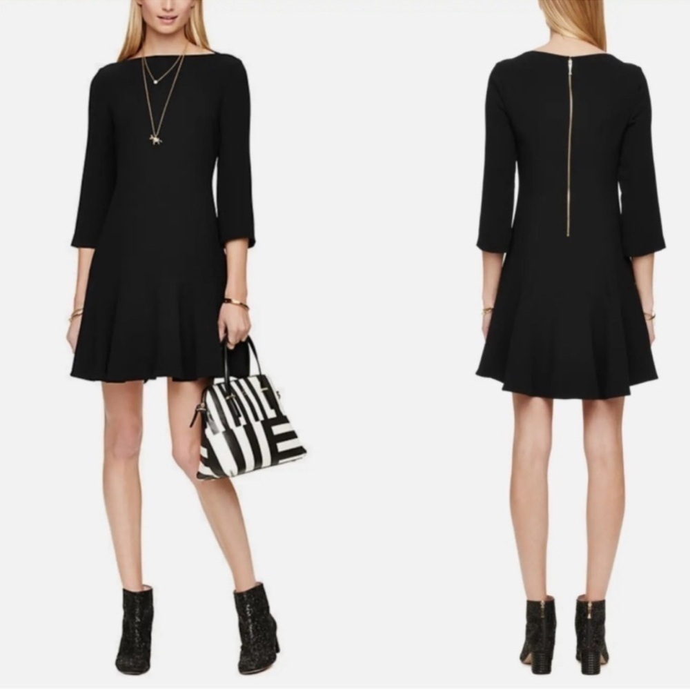 KATE SPADE BLACK 3/4 SLEEVE RUFFLE HEM CREPE FLOUNCE DRESS
